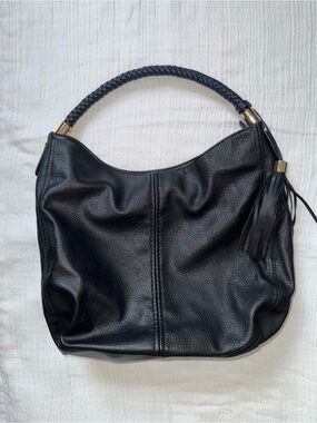 Black Leather Hobo Bag with Braided Handle and Tassel